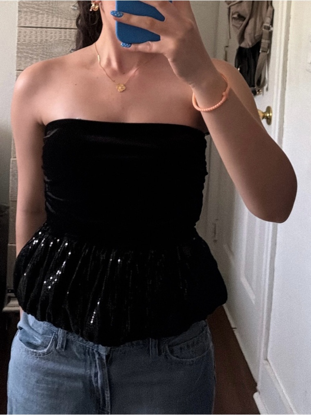 Mango Black Strapless Sequin Peplum Camisole